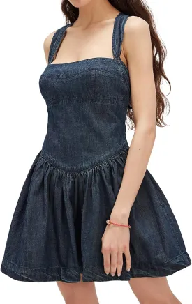 CHARTOU Women Halter Backless Short Denim Dress Sleeveless Pleated Lace Up Corset Drop Waist Jean Dress