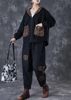 Classy Black Hooded Patchwork Pockets Denim Two Pieces Set Fall ML3001
