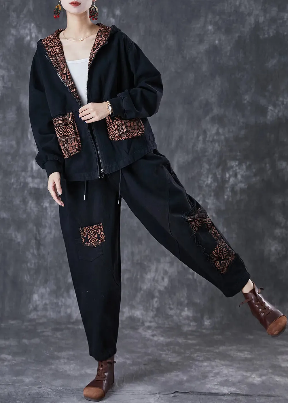 Classy Black Hooded Patchwork Pockets Denim Two Pieces Set Fall ML3001