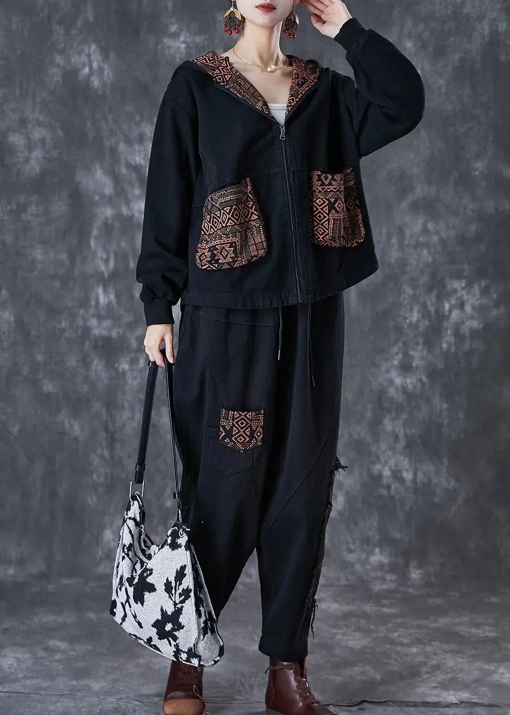 Classy Black Hooded Patchwork Pockets Denim Two Pieces Set Fall ML3001