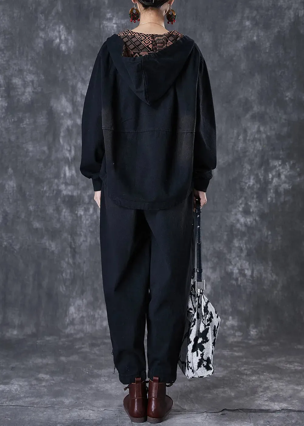 Classy Black Hooded Patchwork Pockets Denim Two Pieces Set Fall ML3001