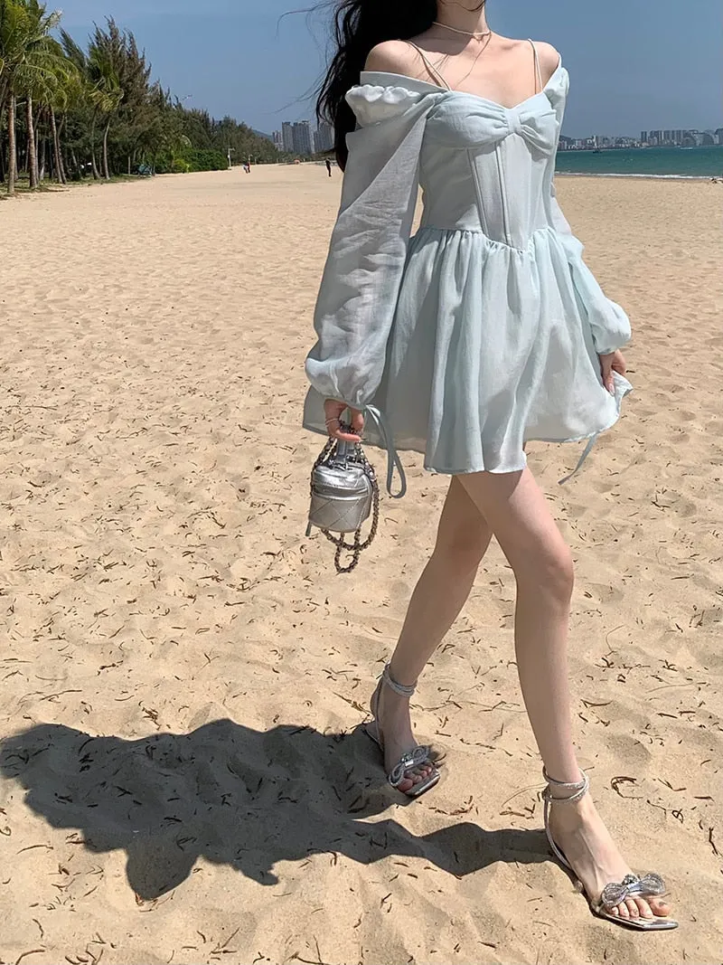 deanwangkt Long Sleeve Dress Female Blue Sweet A-Line Summer High Waist Vintage Slim Fairy Dress Princess Dress Sundress Beachwear Holiday Fairy Dress