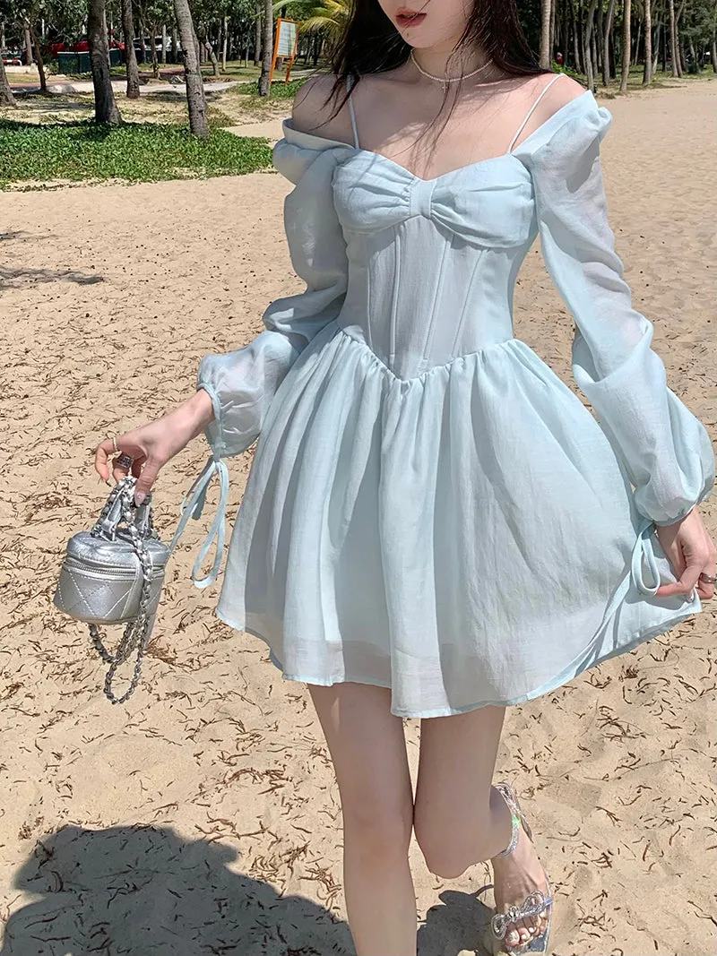 deanwangkt Long Sleeve Dress Female Blue Sweet A-Line Summer High Waist Vintage Slim Fairy Dress Princess Dress Sundress Beachwear Holiday Fairy Dress