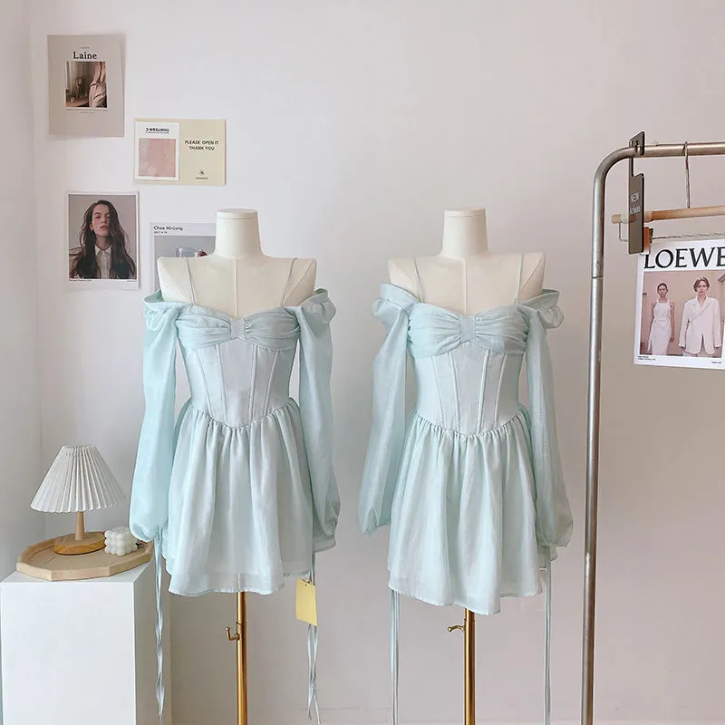deanwangkt Long Sleeve Dress Female Blue Sweet A-Line Summer High Waist Vintage Slim Fairy Dress Princess Dress Sundress Beachwear Holiday Fairy Dress