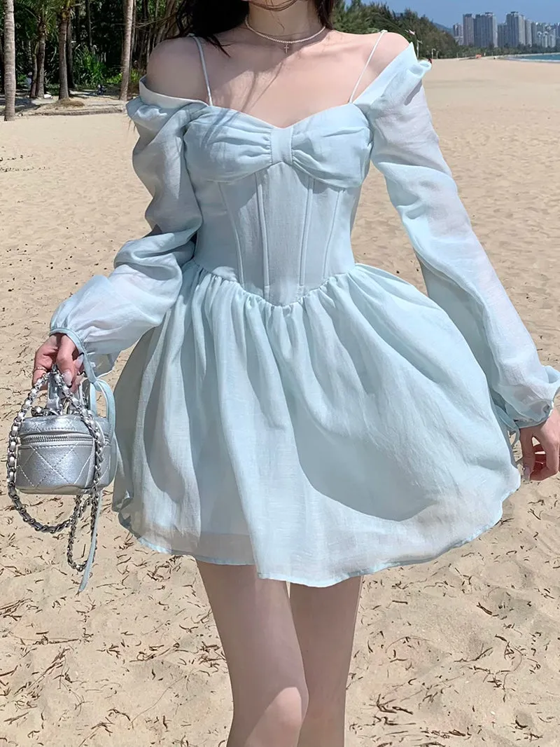 deanwangkt Long Sleeve Dress Female Blue Sweet A-Line Summer High Waist Vintage Slim Fairy Dress Princess Dress Sundress Beachwear Holiday Fairy Dress
