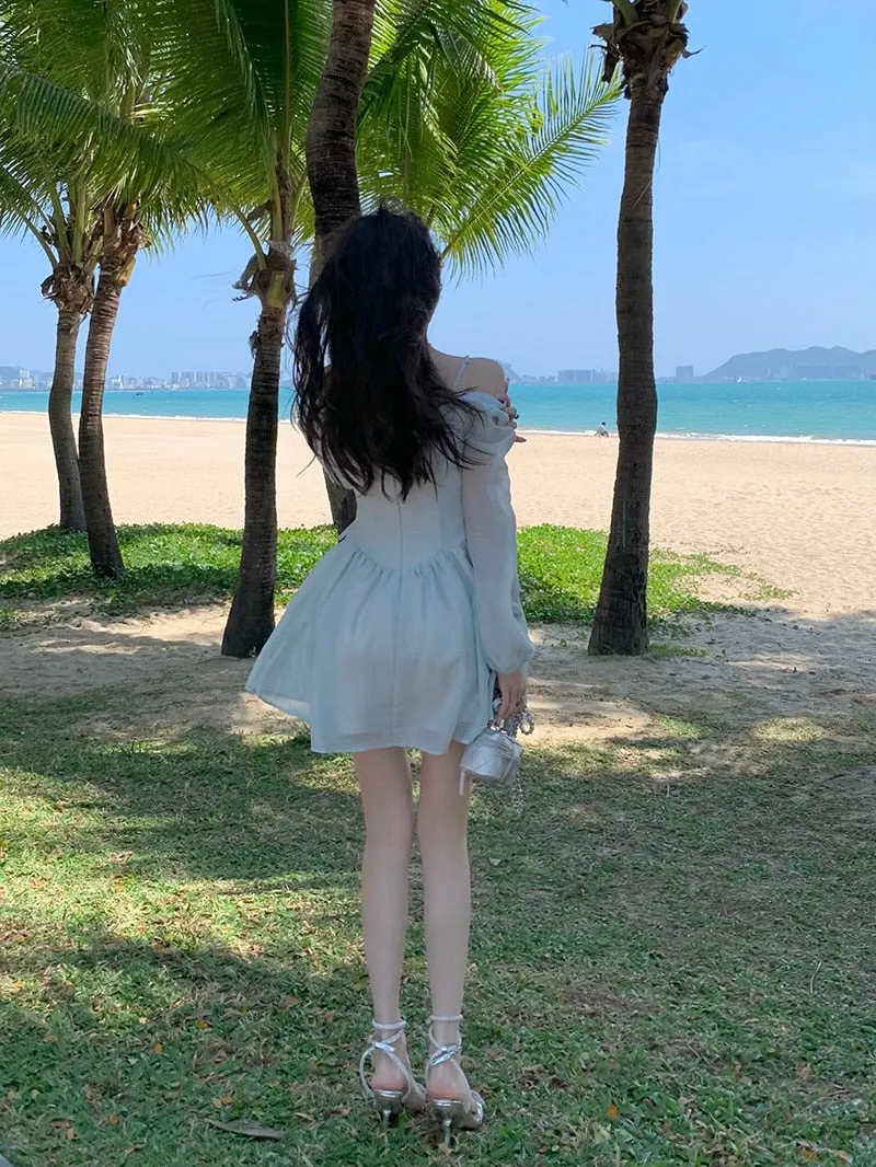 deanwangkt Long Sleeve Dress Female Blue Sweet A-Line Summer High Waist Vintage Slim Fairy Dress Princess Dress Sundress Beachwear Holiday Fairy Dress