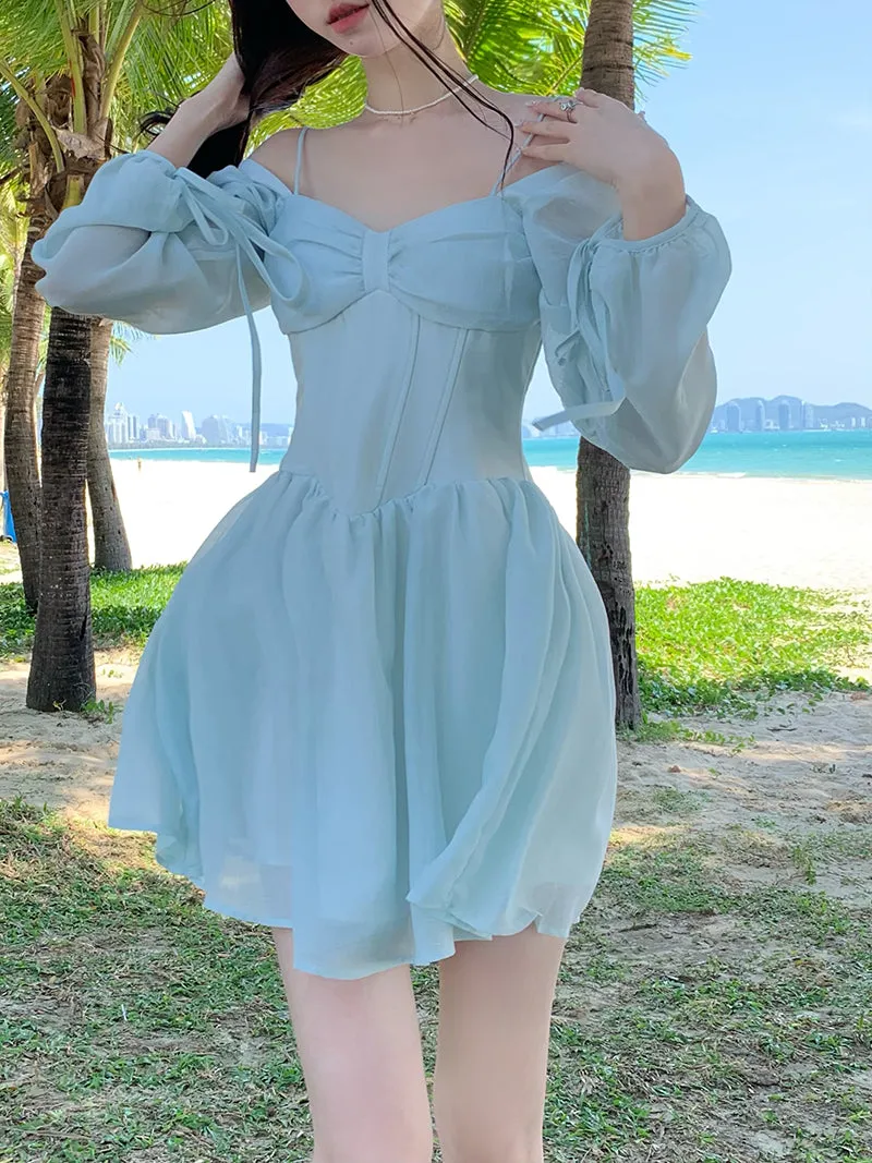 deanwangkt Long Sleeve Dress Female Blue Sweet A-Line Summer High Waist Vintage Slim Fairy Dress Princess Dress Sundress Beachwear Holiday Fairy Dress