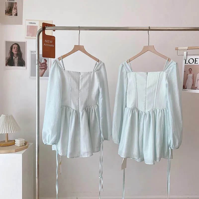 deanwangkt Long Sleeve Dress Female Blue Sweet A-Line Summer High Waist Vintage Slim Fairy Dress Princess Dress Sundress Beachwear Holiday Fairy Dress