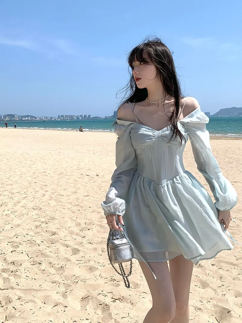 deanwangkt Long Sleeve Dress Female Blue Sweet A-Line Summer High Waist Vintage Slim Fairy Dress Princess Dress Sundress Beachwear Holiday Fairy Dress