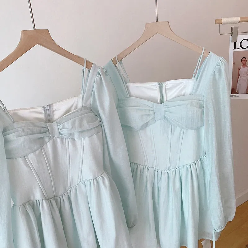 deanwangkt Long Sleeve Dress Female Blue Sweet A-Line Summer High Waist Vintage Slim Fairy Dress Princess Dress Sundress Beachwear Holiday Fairy Dress