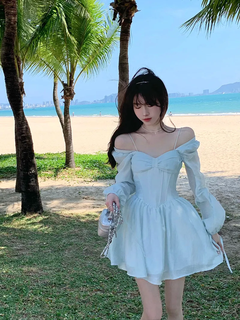 deanwangkt Long Sleeve Dress Female Blue Sweet A-Line Summer High Waist Vintage Slim Fairy Dress Princess Dress Sundress Beachwear Holiday Fairy Dress
