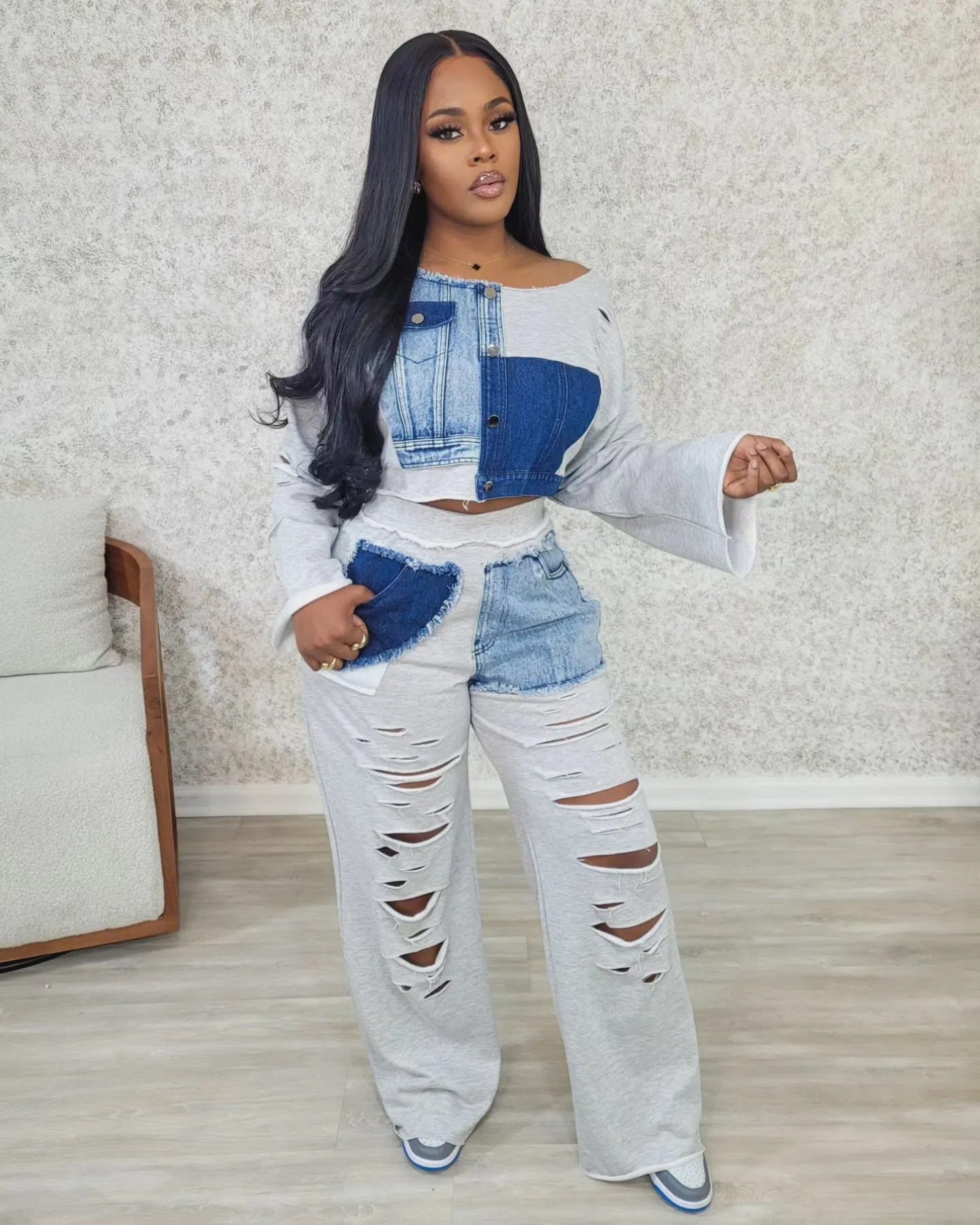 Distressed Denim Patchwork Set