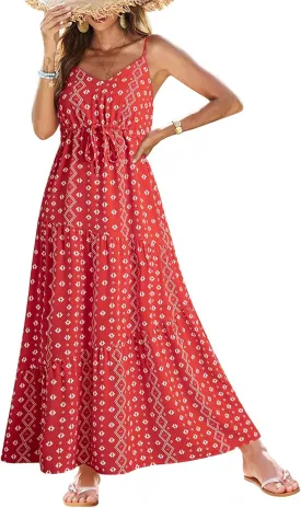 Dokotoo Summer Dress Casual Womens Boho Dress Sleeveless Printed Long Tiered Maxi Dress Beach Dress 2025