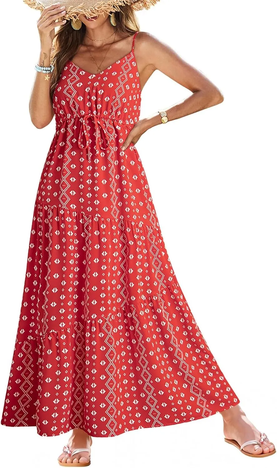 Dokotoo Summer Dress Casual Womens Boho Dress Sleeveless Printed Long Tiered Maxi Dress Beach Dress 2025