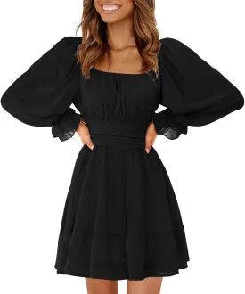 EXLURA Women's 2025 Casual Long Lantern Sleeve Dresses Square Neck Ruffle Tie Back Elastic Waist Aline Short Mini Dress