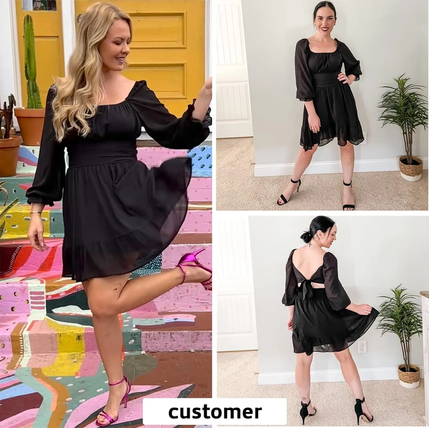 EXLURA Women's 2025 Casual Long Lantern Sleeve Dresses Square Neck Ruffle Tie Back Elastic Waist Aline Short Mini Dress
