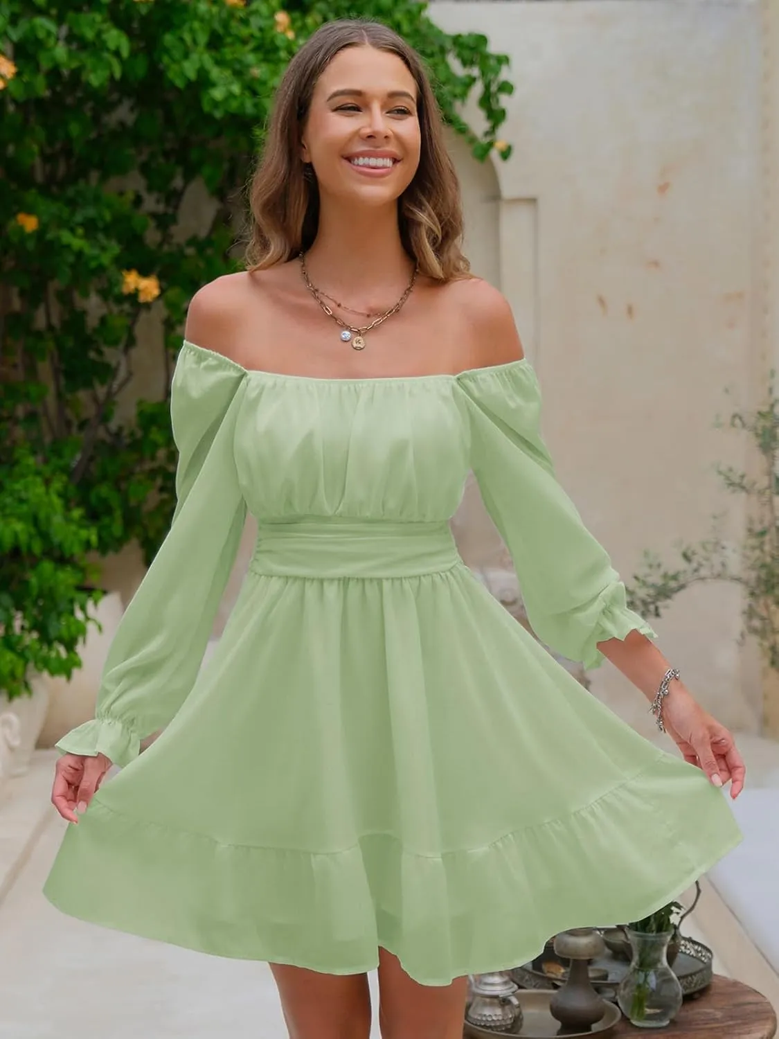 EXLURA Women's 2025 Casual Long Lantern Sleeve Dresses Square Neck Ruffle Tie Back Elastic Waist Aline Short Mini Dress