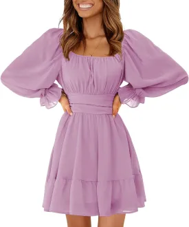 EXLURA Women's 2025 Casual Long Lantern Sleeve Dresses Square Neck Ruffle Tie Back Elastic Waist Aline Short Mini Dress