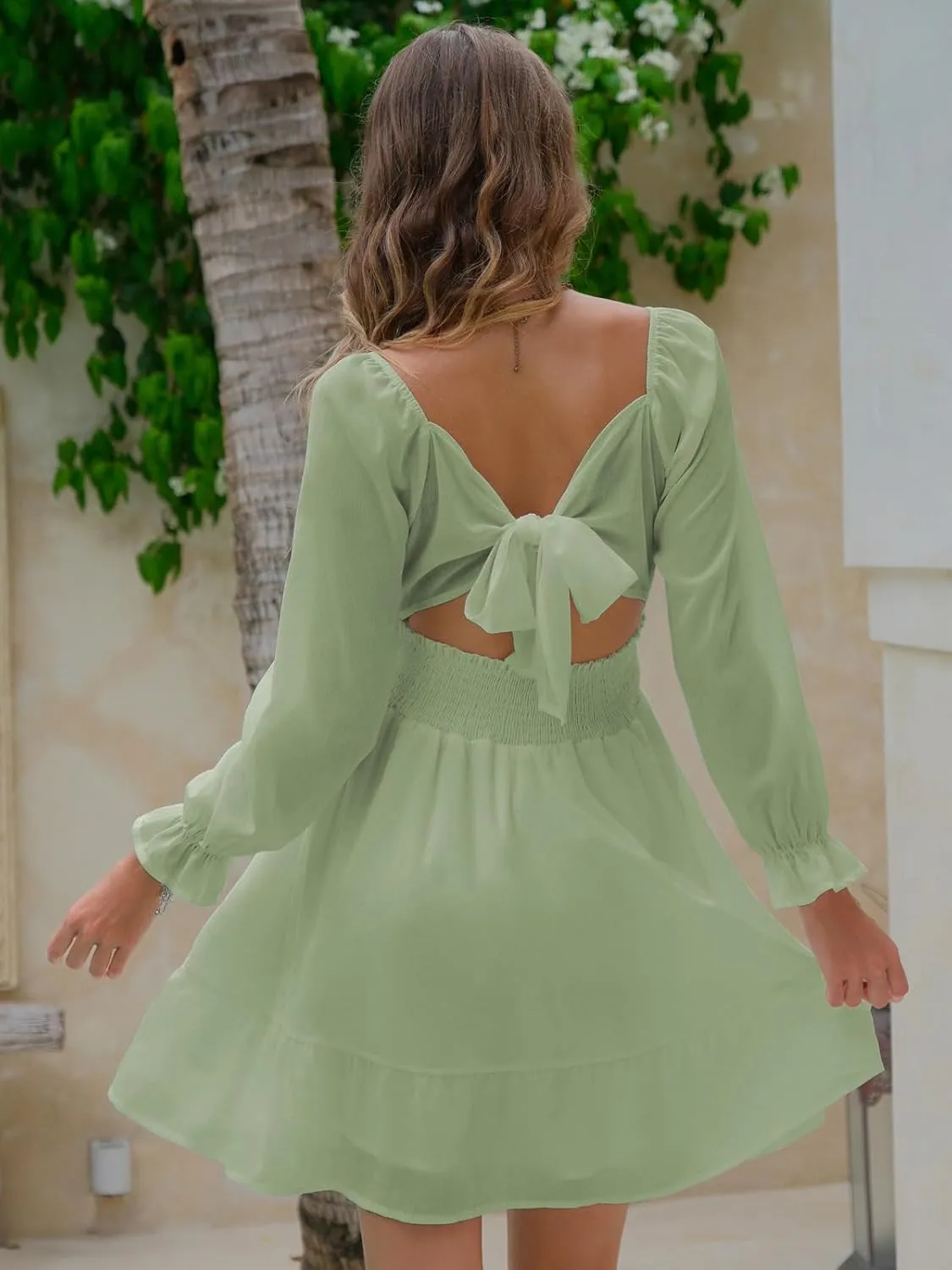 EXLURA Women's 2025 Casual Long Lantern Sleeve Dresses Square Neck Ruffle Tie Back Elastic Waist Aline Short Mini Dress