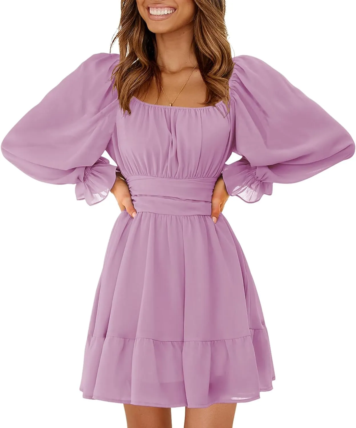 EXLURA Women's 2025 Casual Long Lantern Sleeve Dresses Square Neck Ruffle Tie Back Elastic Waist Aline Short Mini Dress