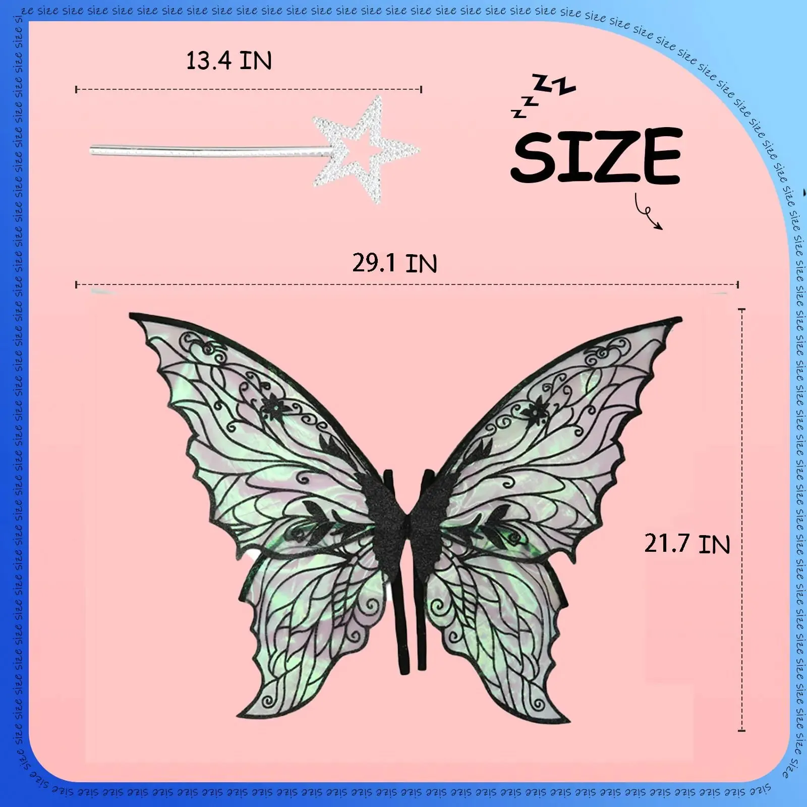 Fairy Wings for Adults and Girls，Fairy Costume Set with Floral Garland, Fairy Hair Tinsel, Wand & Elf Ears – 19"x24" Organza Butterfly Wings – Ideal for Cosplay, Party, Black