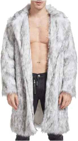 Faux Fur Coat Men Long Fuzzy Fleece Jacket Furry Cardigan Warm Winter Coats Fur Collar Overcoat Thick Coats