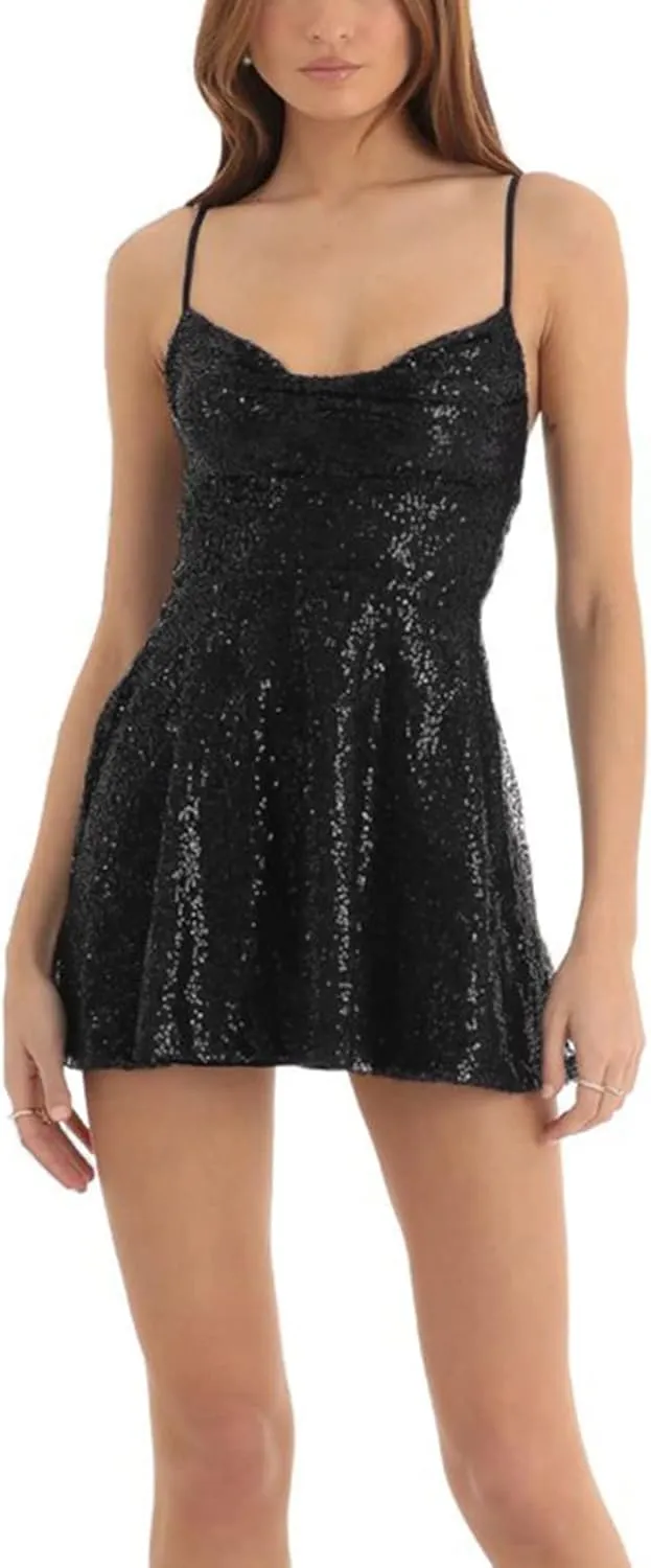 FEORJGP Womens Sparkly Sequin Mini Dress Shiny Spaghetti Strap Short Dress Glitter Disco Slip Dress Cocktail Party Club Dress