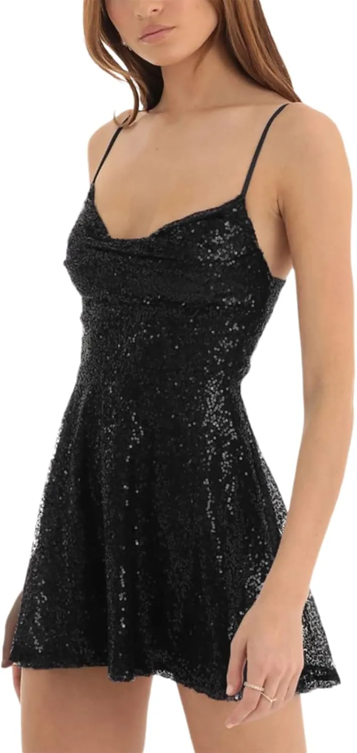 FEORJGP Womens Sparkly Sequin Mini Dress Shiny Spaghetti Strap Short Dress Glitter Disco Slip Dress Cocktail Party Club Dress