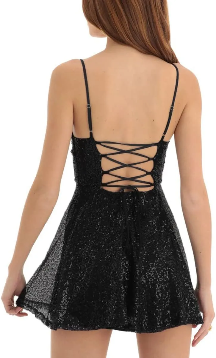 FEORJGP Womens Sparkly Sequin Mini Dress Shiny Spaghetti Strap Short Dress Glitter Disco Slip Dress Cocktail Party Club Dress