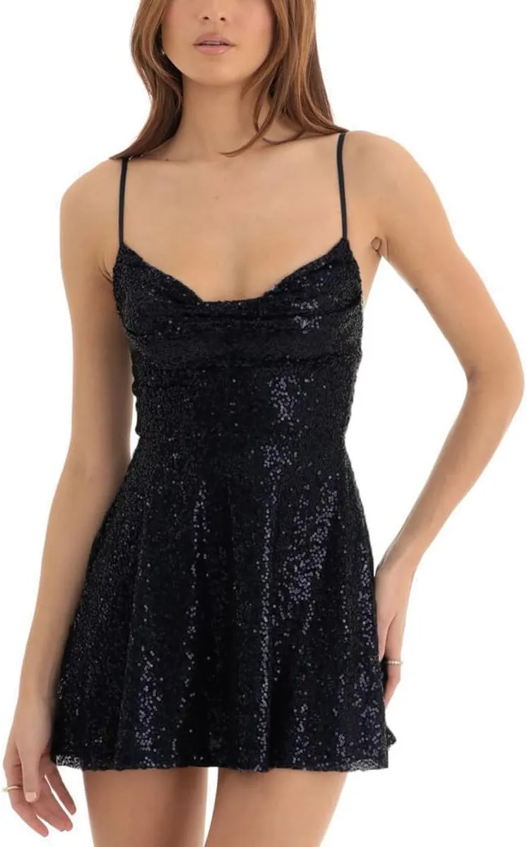 FEORJGP Womens Sparkly Sequin Mini Dress Shiny Spaghetti Strap Short Dress Glitter Disco Slip Dress Cocktail Party Club Dress