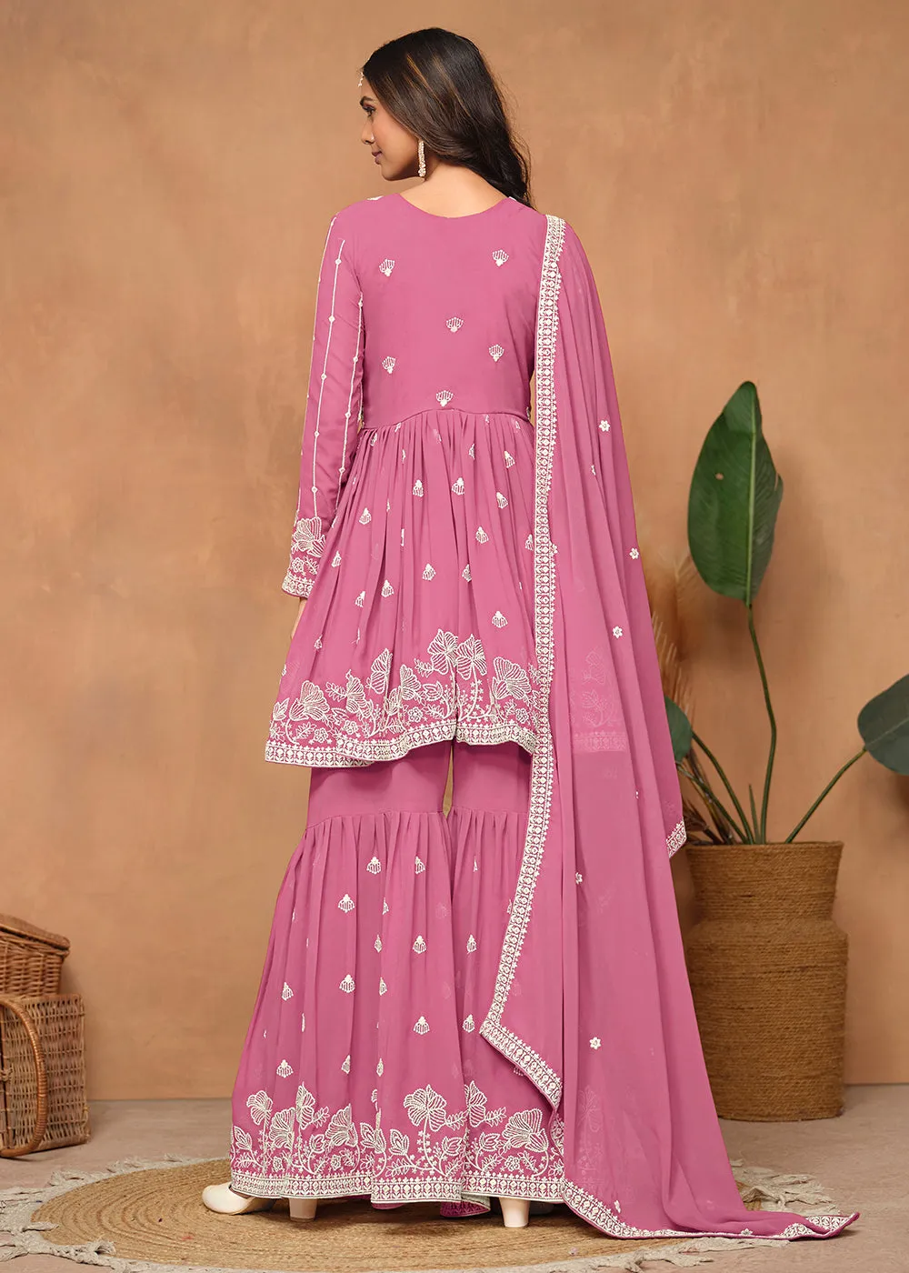 Festive Style Flamingo Pink Embroidered Gharara Suit