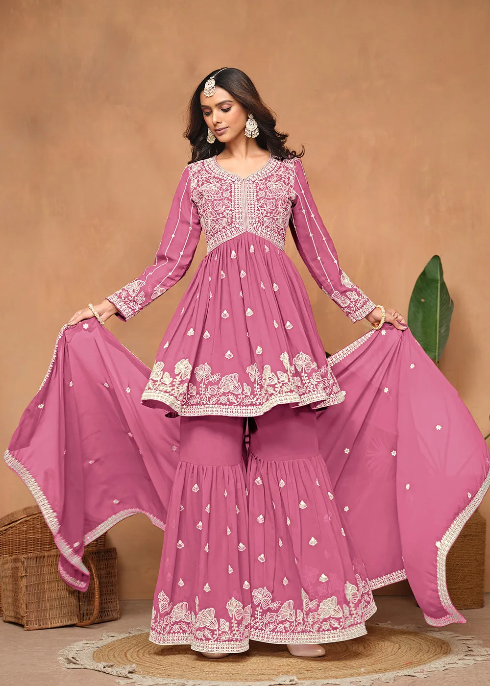 Festive Style Flamingo Pink Embroidered Gharara Suit