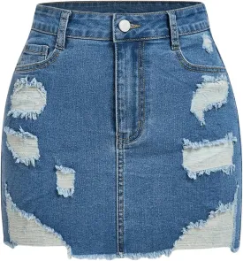 Floerns Women's Distressed Ripped Denim Skirt Y2k Raw Hem Jean Mini Skirts