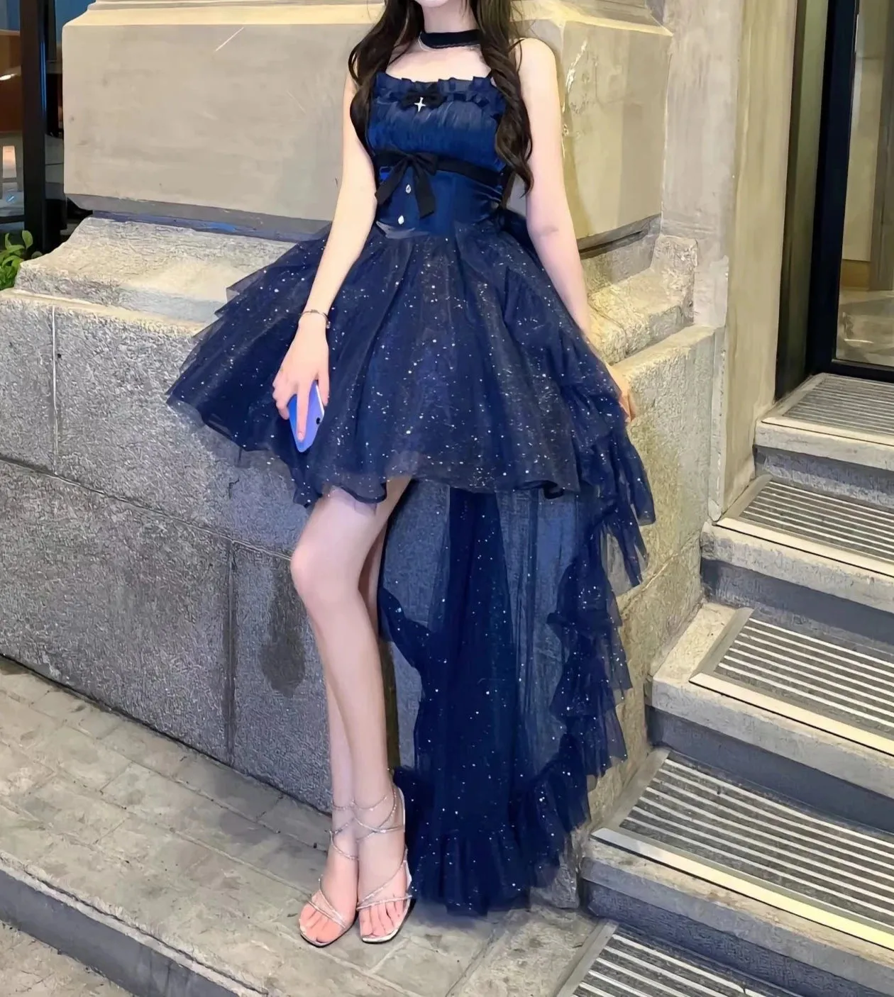 Girlary Fairy Lolita Women Dress Cute Girls Spaghetti Straps Glittering Pettiskirt Trailing Blue Princess Gift Adult Dress