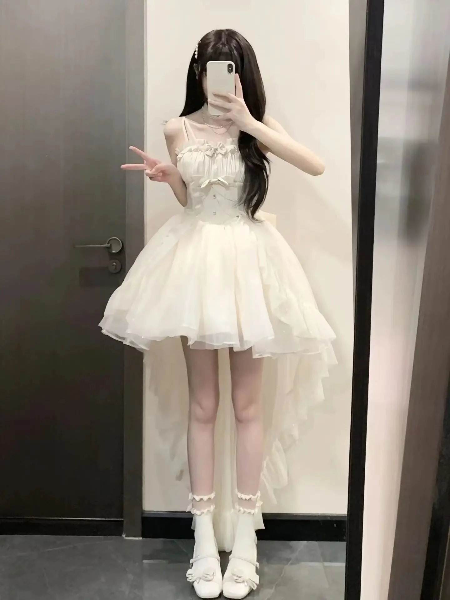 Girlary Fairy Lolita Women Dress Cute Girls Spaghetti Straps Glittering Pettiskirt Trailing Blue Princess Gift Adult Dress