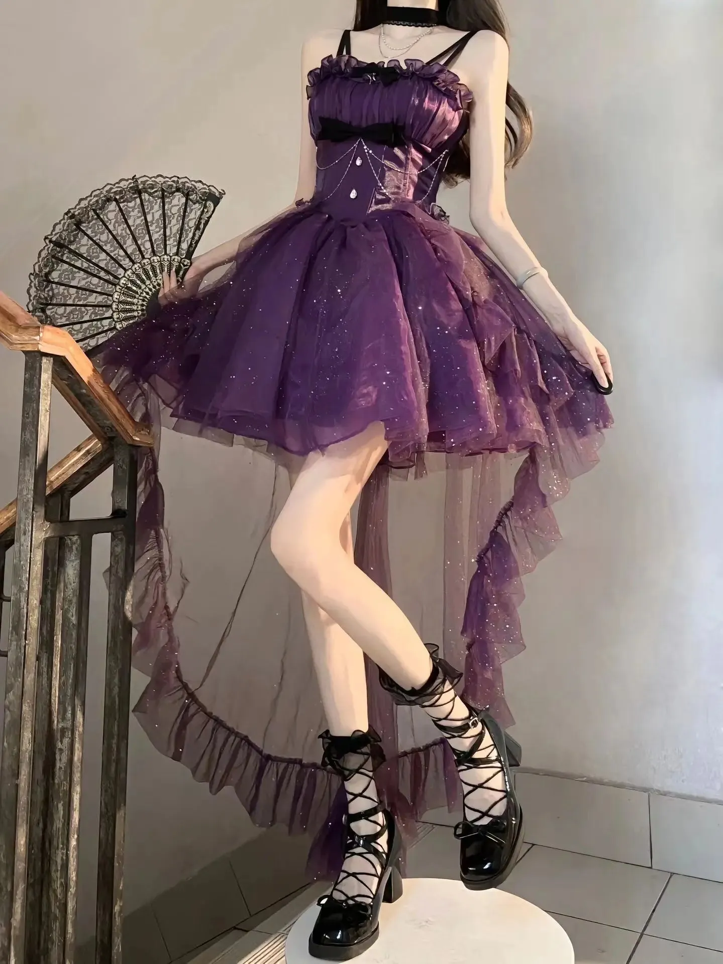 Girlary Fairy Lolita Women Dress Cute Girls Spaghetti Straps Glittering Pettiskirt Trailing Blue Princess Gift Adult Dress