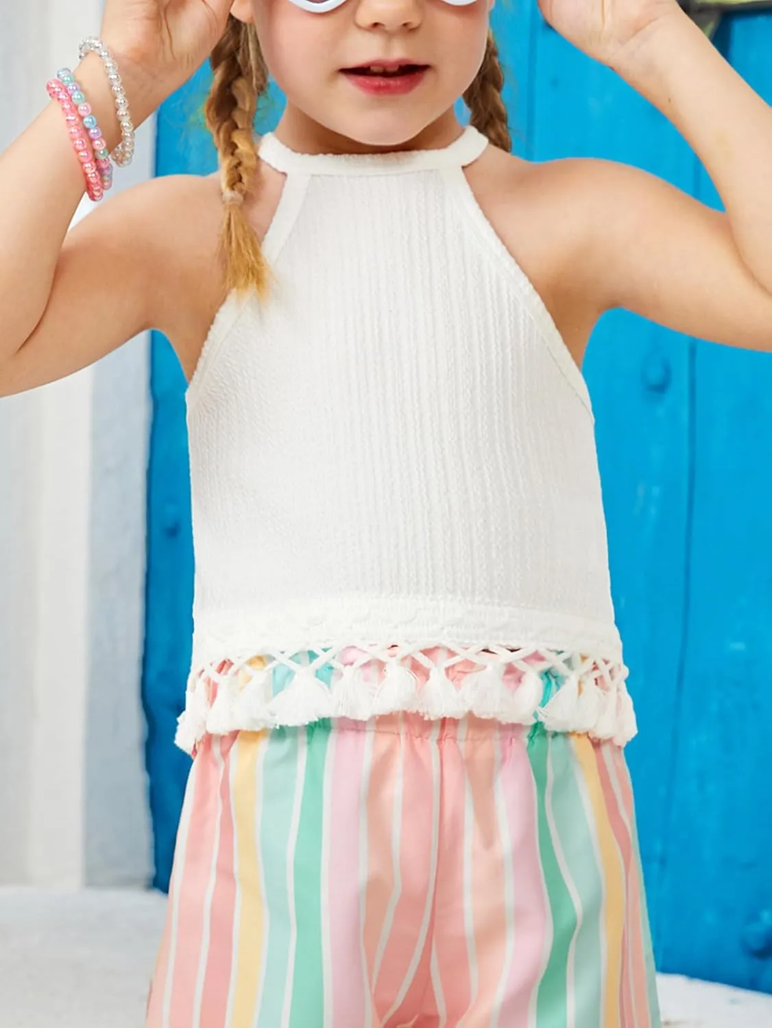 Girl's Boho Crochet Lace Trim Tank Tops Sleeveless Fringe Trim Halter Top Summer Cami Crop Tops