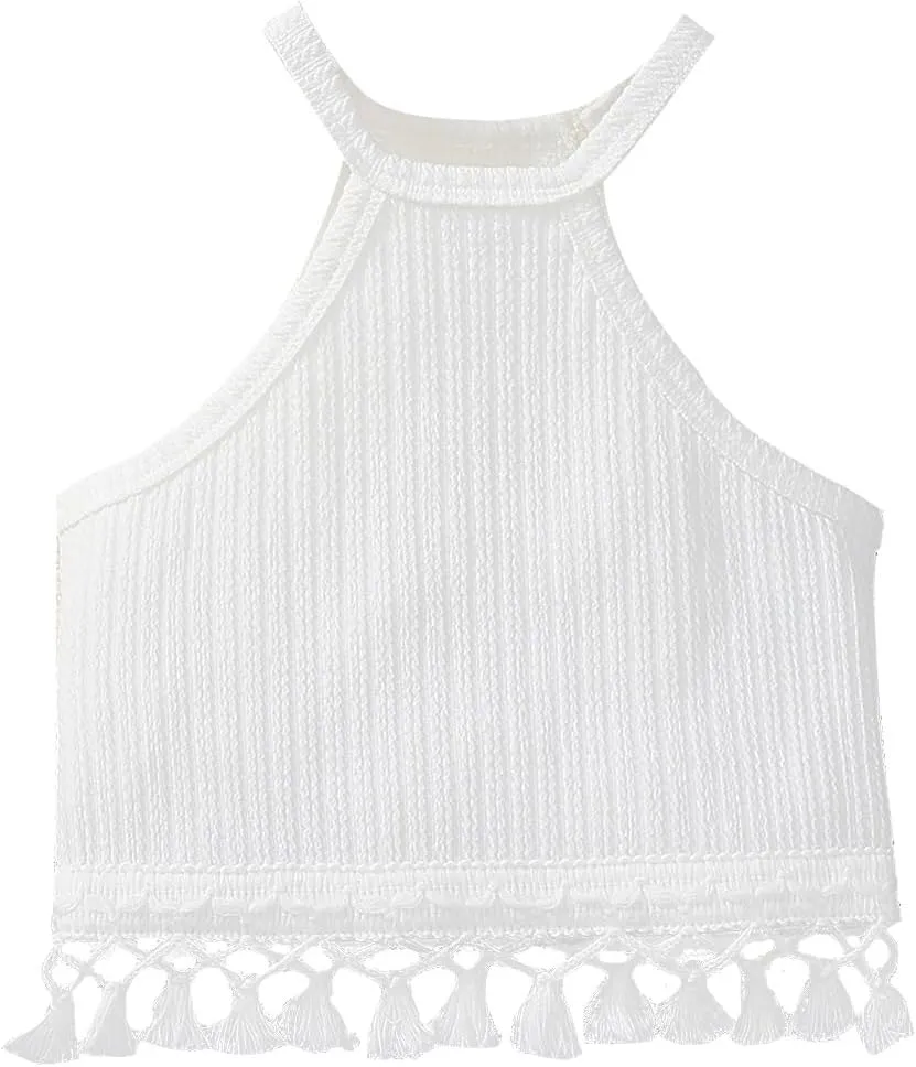 Girl's Boho Crochet Lace Trim Tank Tops Sleeveless Fringe Trim Halter Top Summer Cami Crop Tops