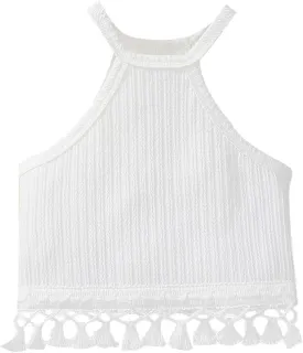 Girl's Boho Crochet Lace Trim Tank Tops Sleeveless Fringe Trim Halter Top Summer Cami Crop Tops