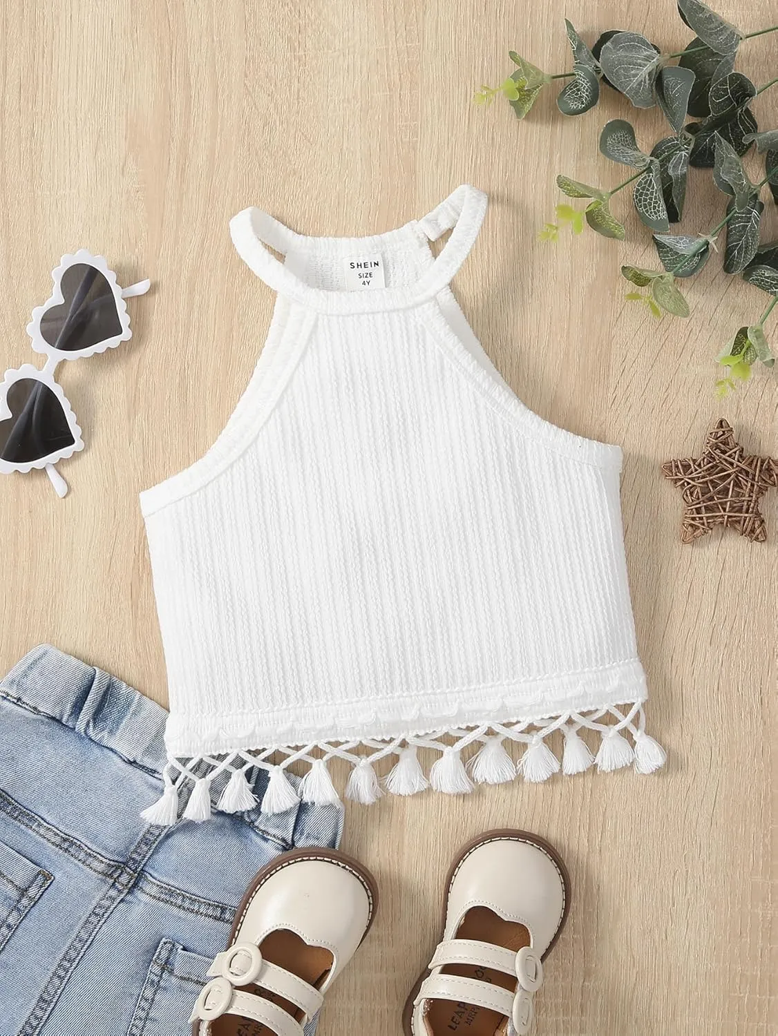 Girl's Boho Crochet Lace Trim Tank Tops Sleeveless Fringe Trim Halter Top Summer Cami Crop Tops