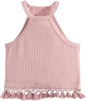 Girl's Boho Crochet Lace Trim Tank Tops Sleeveless Fringe Trim Halter Top Summer Cami Crop Tops