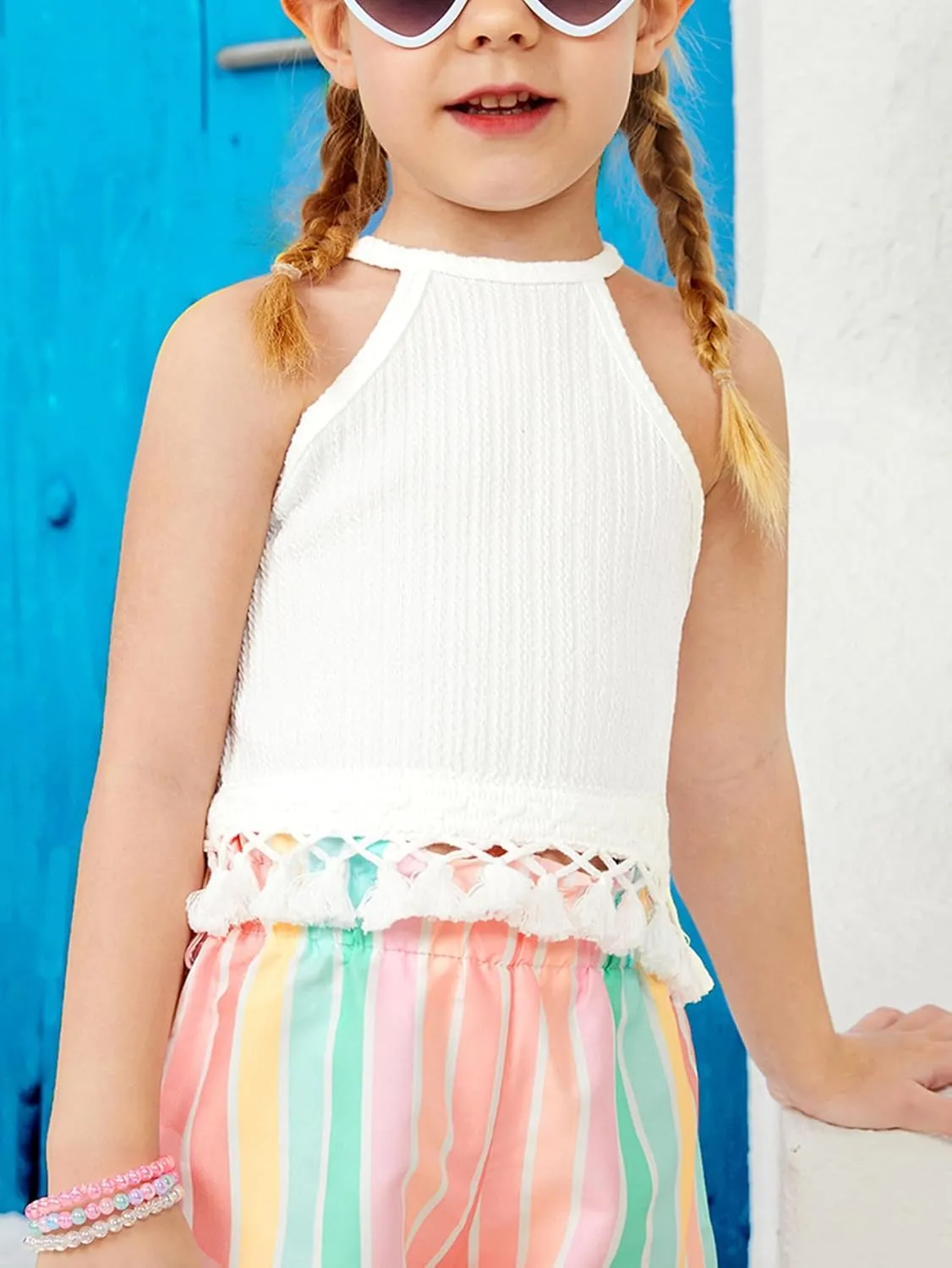 Girl's Boho Crochet Lace Trim Tank Tops Sleeveless Fringe Trim Halter Top Summer Cami Crop Tops