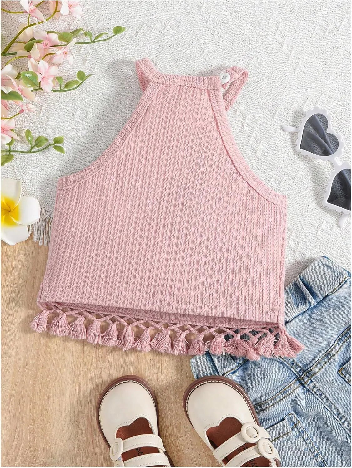 Girl's Boho Crochet Lace Trim Tank Tops Sleeveless Fringe Trim Halter Top Summer Cami Crop Tops