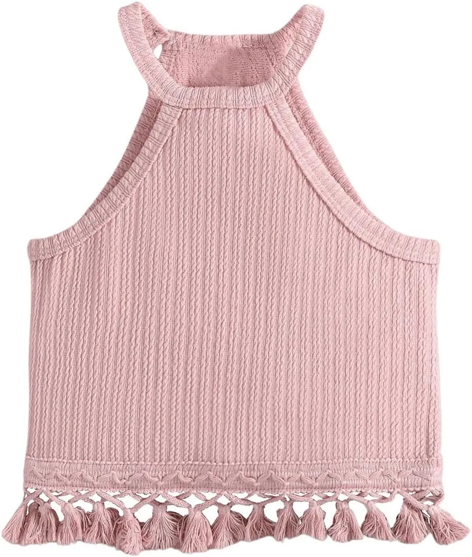 Girl's Boho Crochet Lace Trim Tank Tops Sleeveless Fringe Trim Halter Top Summer Cami Crop Tops