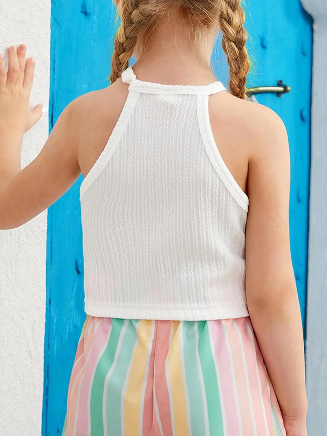 Girl's Boho Crochet Lace Trim Tank Tops Sleeveless Fringe Trim Halter Top Summer Cami Crop Tops