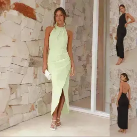 Halter Neck Split Long Dress Summer Slim Fit Backless Dresses Solid Split High neck Long Bodycon  Dress Women's Clothing
