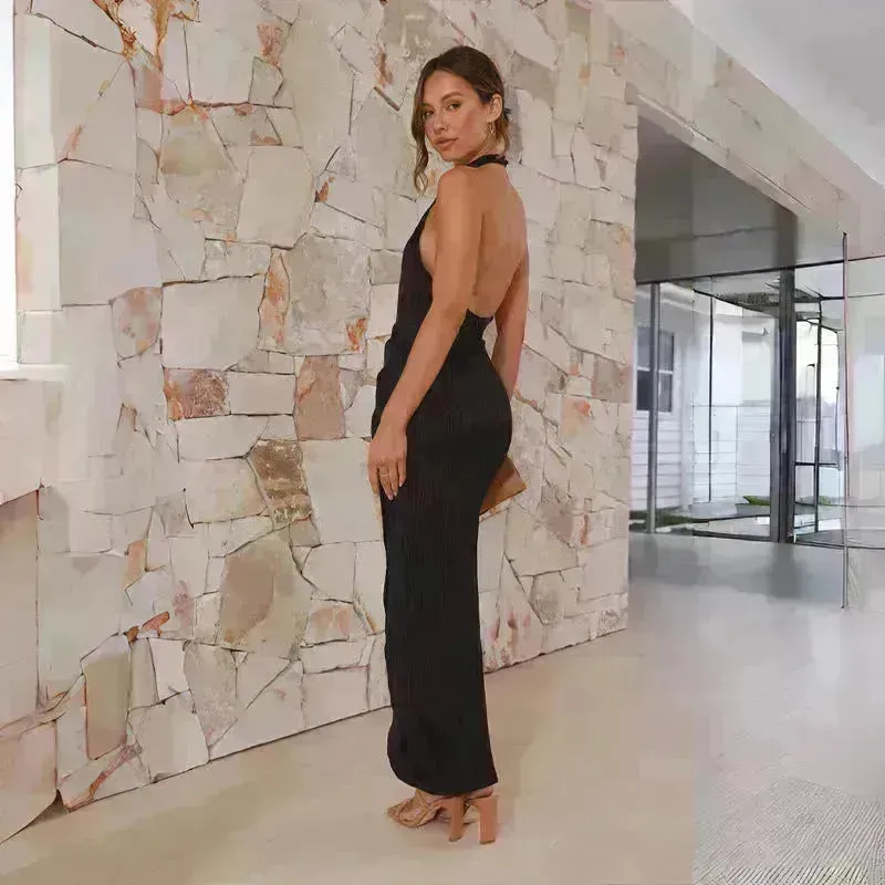 Halter Neck Split Long Dress Summer Slim Fit Backless Dresses Solid Split High neck Long Bodycon  Dress Women's Clothing