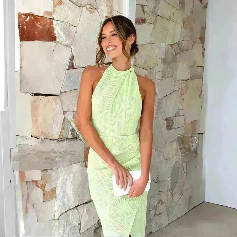 Halter Neck Split Long Dress Summer Slim Fit Backless Dresses Solid Split High neck Long Bodycon  Dress Women's Clothing