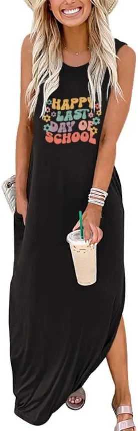 Happy Last Day of School Dress for Women Teacher Maxi Tank Dress Sleeveless Dresses with Pocket Sleeveless Dress
