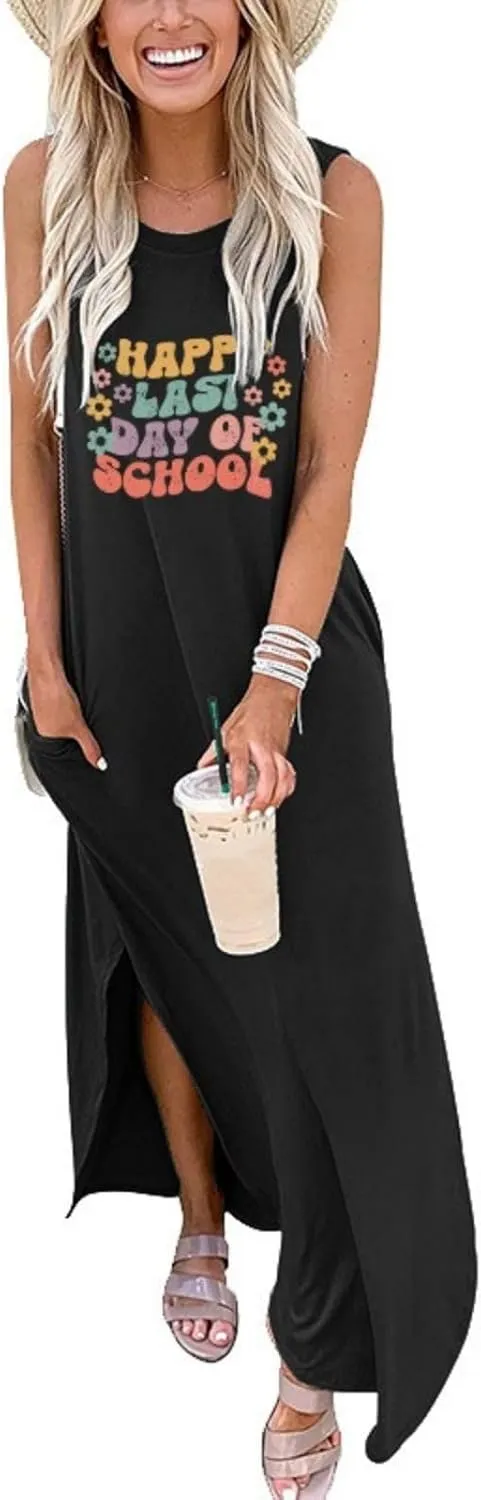 Happy Last Day of School Dress for Women Teacher Maxi Tank Dress Sleeveless Dresses with Pocket Sleeveless Dress
